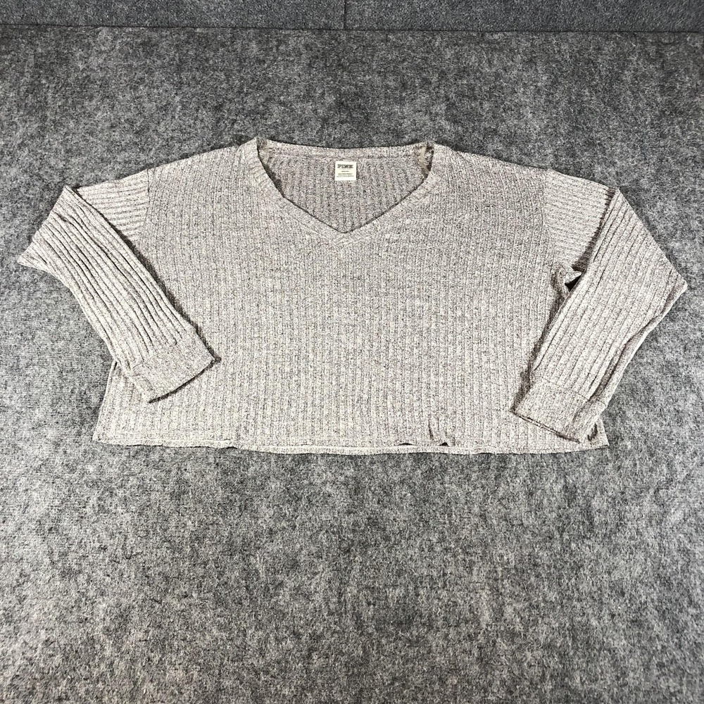 PINK Victoria's Secret Women's‎ M Gray Ribbed V-Neck Cropped Knit Sweater